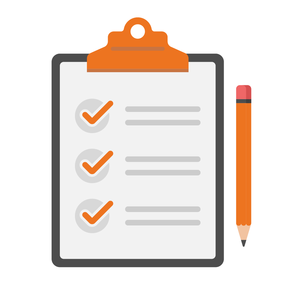 Icon of a clipboard, pencil, and checklist 