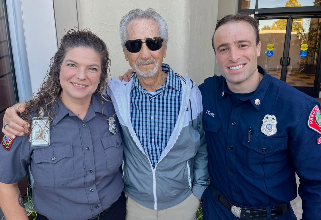 Bob Moloznik, center, poses with Glenna Aycock, left, and Keenan Levine, right, during a reunion on Friday at French Hospital. Aycock and Levine, while working for San Luis Ambulance, transported Moloznik from Pismo Beach to French Hospital in San Luis Obispo after he went into cardiac arrest.
