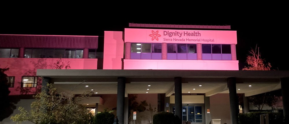 Sierra Nevada Memorial Hospital with pink lights