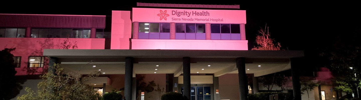Sierra Nevada Memorial Hospital with pink lights