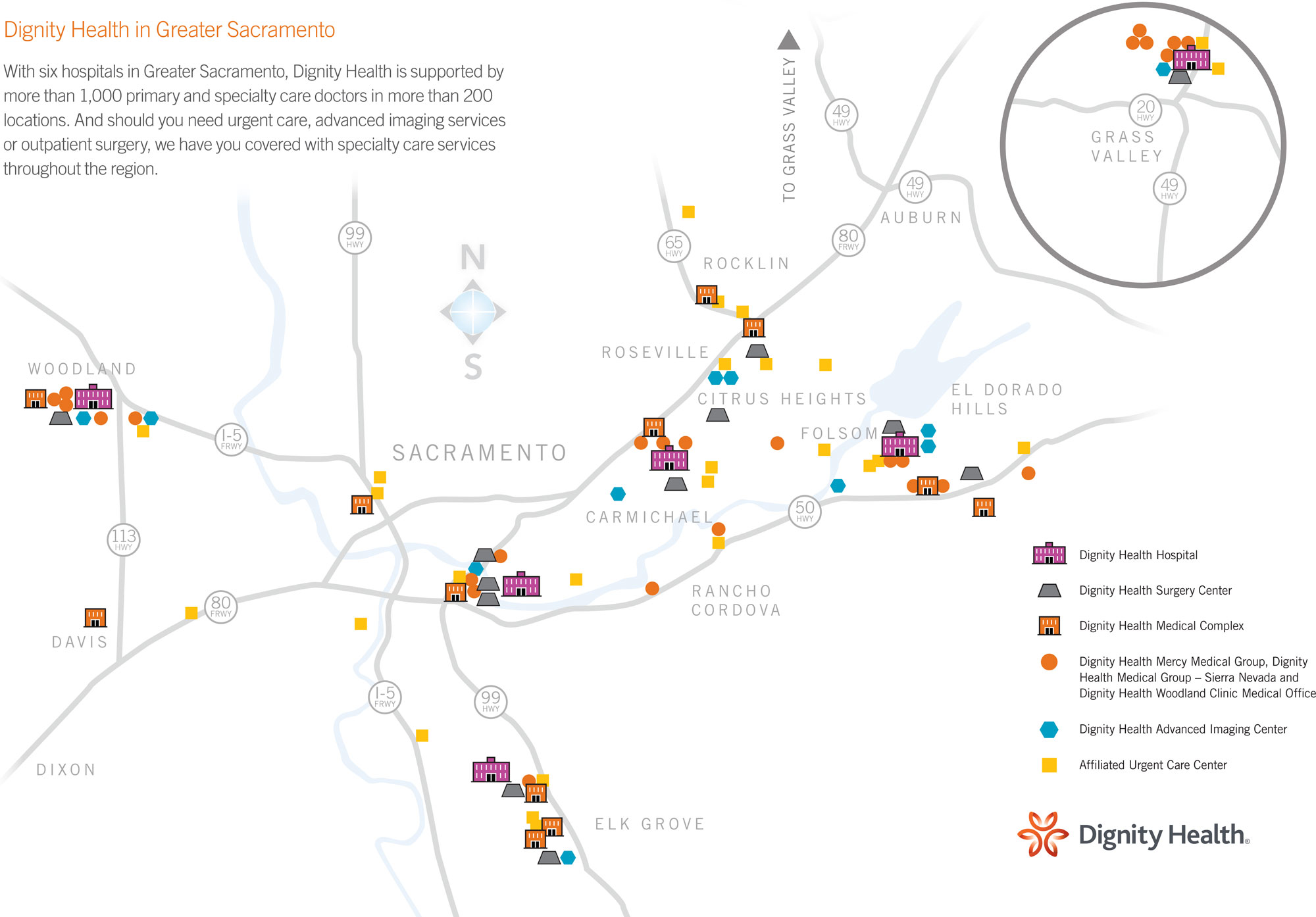 map of Sacramento with dignity health locations
